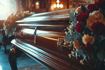 Close up of a coffin in a hearse chapel or cemetery burial - obrazy, fototapety, plakaty