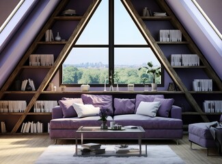 a modern and cozy home office with a wooden floor, a desk with a computer, a white chair, and multiple plants. The room has a sloped ceiling with multiple windows that let in natural light.