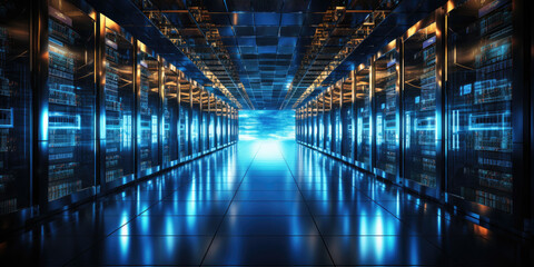 Shot of Data Center With Multiple Rows of Fully Operational Server Racks. Modern Telecommunications, Cloud Computing, Artificial Intelligence, Database, Super Computer Technology Concept.