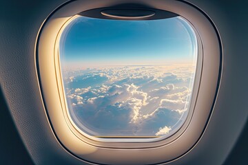 Airplane window showcasing blue sky