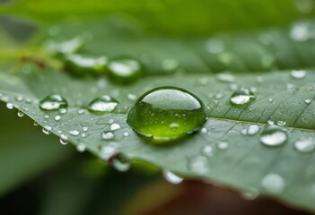 Large beautiful drops of transparent rain water on a green leaf macro. Drops of dew in the morning glow in the sun. Beautiful leaf texture in nature. Natural background