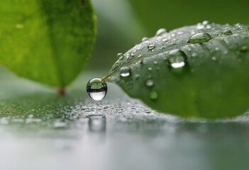 Large beautiful drops of transparent rain water on a green leaf macro. Drops of dew in the morning glow in the sun. Beautiful leaf texture in nature. Natural background
