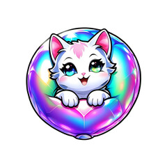 holographic sticker on a transparent background. cute kittens, cat. So cute cat with big eyes Isolated sticker illustration Childish design print on t-shirt and etc funny happy kitten. Sticker, label,