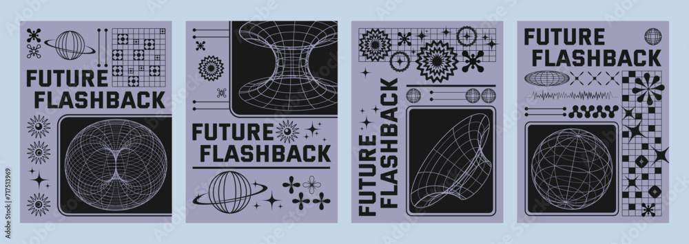 Poster y2k techno style poster design layout with grid abstract simple shapes and typography on color backg