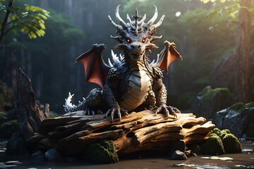 A mighty dragon sits on a rock