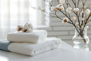 White table with cotton covered spring and sponge - obrazy, fototapety, plakaty
