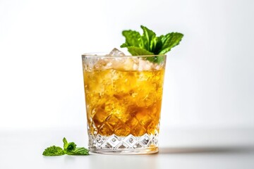Delightful mint julep cocktail in a clear glass on a white backdrop