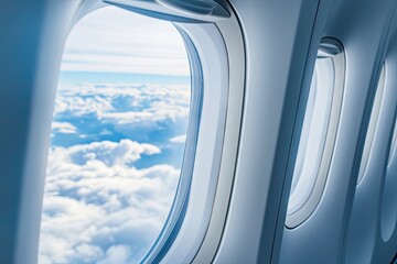 Naklejka premium Group of airplane windows with cloudy sky background