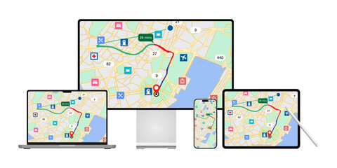 Concept of a responsive GPS navigation app and application designed for desktop computer, laptop, tablet, smartphone, and mobile phone with a GPS navigation map displayed on screen. Vector.