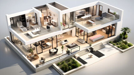 Isometric view minimal house open inside interior architecture 3d rendering digital art,,
 Interior Architecture in Isometric 3D Rendering"