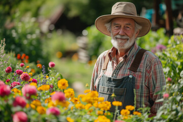 Happy senior man gardener takes care of a large beautiful garden