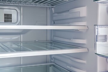 Shelves in open refrigerator empty