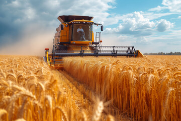 Obraz premium Combine harvester harvesting golden ripe wheat in field. Agriculture farm concept.&nbsp;