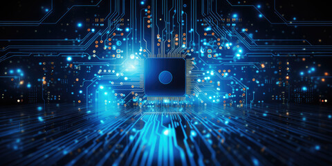 Wide Cyber security internet and networking concept. Hi-tech vector illustration with various technology elements. Abstract circuit board. Digital internet communication on blue background 