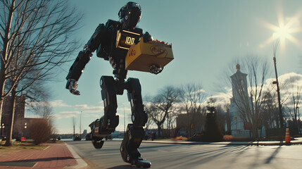 futuristic fast food delivery robot vehicle walking the city streets