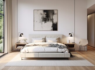 a modern and luxurious bedroom with a large bed, a white and black abstract painting, and a wooden floor. 