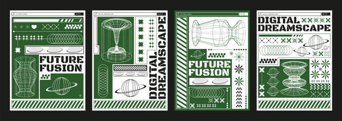 Poster design template in y2k aesthetic style with abstract grid 3d tunnel shapes, simple icons and text block. Vector set of retro 90s and 2000s banners or covers with wireframe geometry elements.