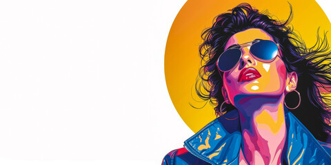 Obraz premium 80s retro illustration of a woman in vibrant colors with copyspace for text