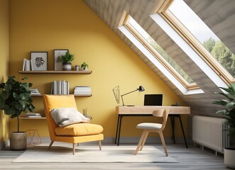 a 3D rendering of a modern home office with a yellow accent wall, wooden desk, and a mustard yellow armchair. The room has a sloped ceiling with two skylights and a large potted plant in the corner.