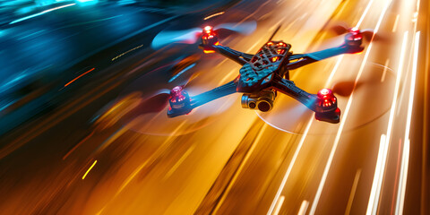 high speed racing drones in action, motion blurred city street