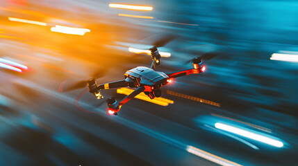 high speed racing drones in action, motion blurred city street