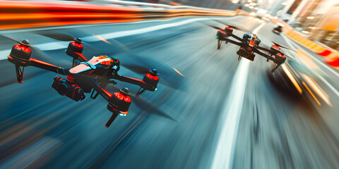 high speed racing drones in action, motion blurred city street