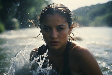 Young women female teen is bathing in forest jungle healthy hygiene world water day concept natural