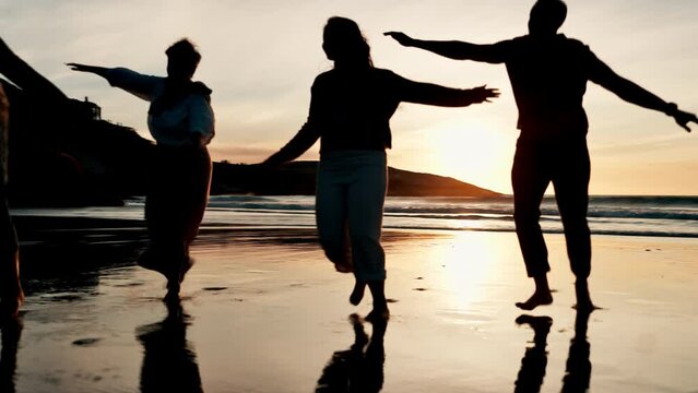 Family, game and plane on beach at sunset playing with freedom and silhouette of travel on holiday. Summer, vacation and running with children in flight of airplane on sand and bonding together