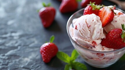 dessert in the form of sweet creamy ice cream with strawberries