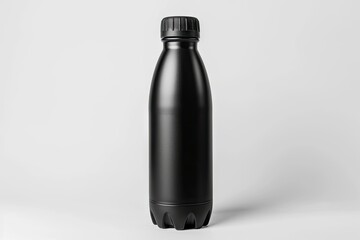 Black plastic water bottle on white background Classic sporty thermal bottle for athletes women men Single Mock up close up - obrazy, fototapety, plakaty