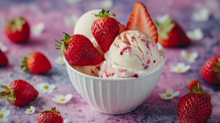 dessert in the form of sweet creamy ice cream with strawberries