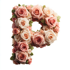 Obraz na płótnie Canvas The letter P is made out of rose flowers, the Rose Alphabet, and Valentine Designs, on a White background, isolated on white, photorealistic 