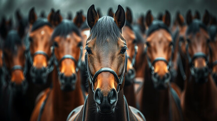 single horse in focus stands in front of a group of horses, all looking at the camera with a dark, moody background