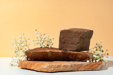 Stone display mockup for advertising against beige background