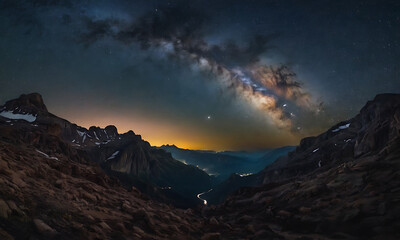 Milky Way over the mountains with a starry sky in the background, Generative AI