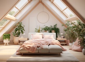 A cozy pink bedroom with a wooden bed, white comforter and pillows, and plants in pots on the floor and nightstands. The room has a white rug and a window with white curtains.