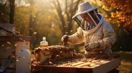 A female beekeeper checks the honey on the frame of the hive in the apiary. Harvesting honey, checking the quality and quantity of worker bees and honey, feeding bees. - obrazy, fototapety, plakaty