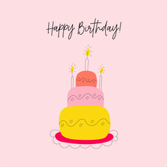 A cake with candles. Greeting postcards. Happy birthday card.