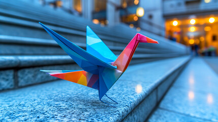 colorful paper origami crane is placed on a granite stairway, with blurred lights and steps in the background