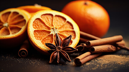 Fresh Orange Slices and Aromatic Spices on a Rustic Wooden Background