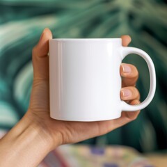 hand holding a white blank ceramic mug - mockup design template