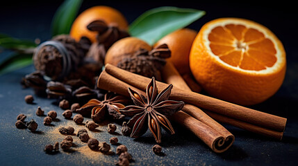 Fototapeta na wymiar Fresh Orange Slices and Aromatic Spices on a Rustic Wooden Background