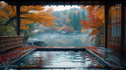 Traditional Japanese Onsen Bath During Autumn.