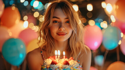 Obraz na płótnie Canvas Woman Celebrating with Birthday Cake and Balloons