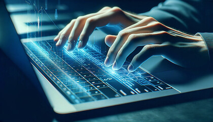 Close-up of hands typing on a laptop keyboard with a futuristic, interactive light interface, suggesting advanced technology and computing. Digital Marketing, Technology, Tech Industry, Startup, Entr