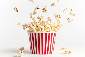 Popcorn cascading into striped bucket on white background