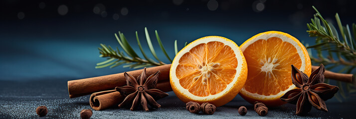 beautifully arranged composition of oranges, cinnamon sticks and star anise