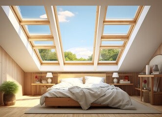 Bedroom interior with a skylight above the bed, revealing a view of the trees outside. The bed is made and covered with a blanket, and there are two lamps on either side of the headboard.