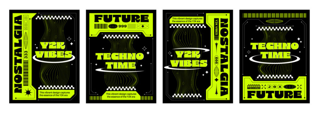 Y2k aesthetic techno banners set. Vector realistic illustration of retrowave posters with vibrant yellow text and lines on black background, announcement text frame, retro futuristic vibe flyers