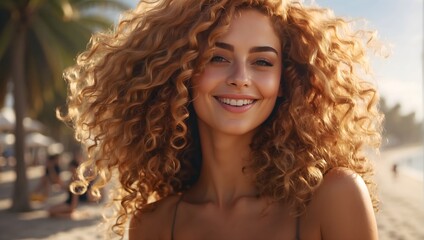 portrait of a smiling woman with golden curly hair on a sunny beach